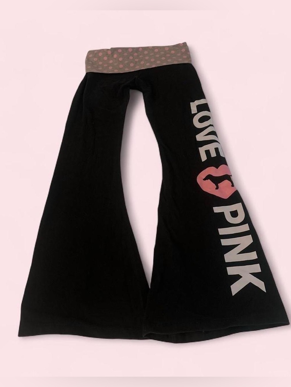 Iconic Victoria's Secret PINK foldover flare yoga pants with 'LOVE PINK' text